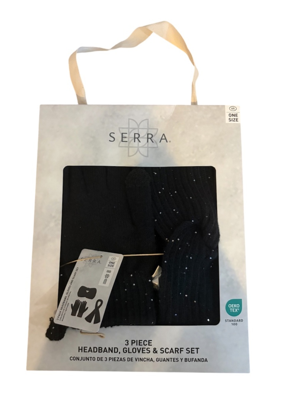 NWT 3-Piece Sequined Black Scarf/Gloves/Headband Set